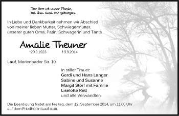 Traueranzeige von Amalie Theuner von Pegnitz-Zeitung
